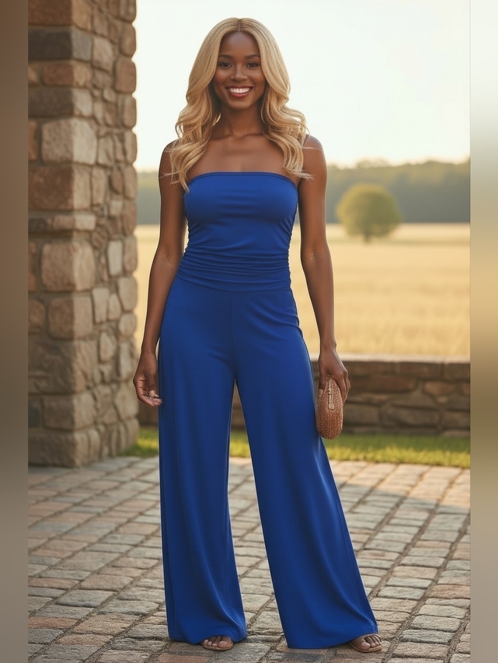 Shape FX Royal Blue Strapless Jumpsuit Built-In Shapewear Wide Leg Formal XL
